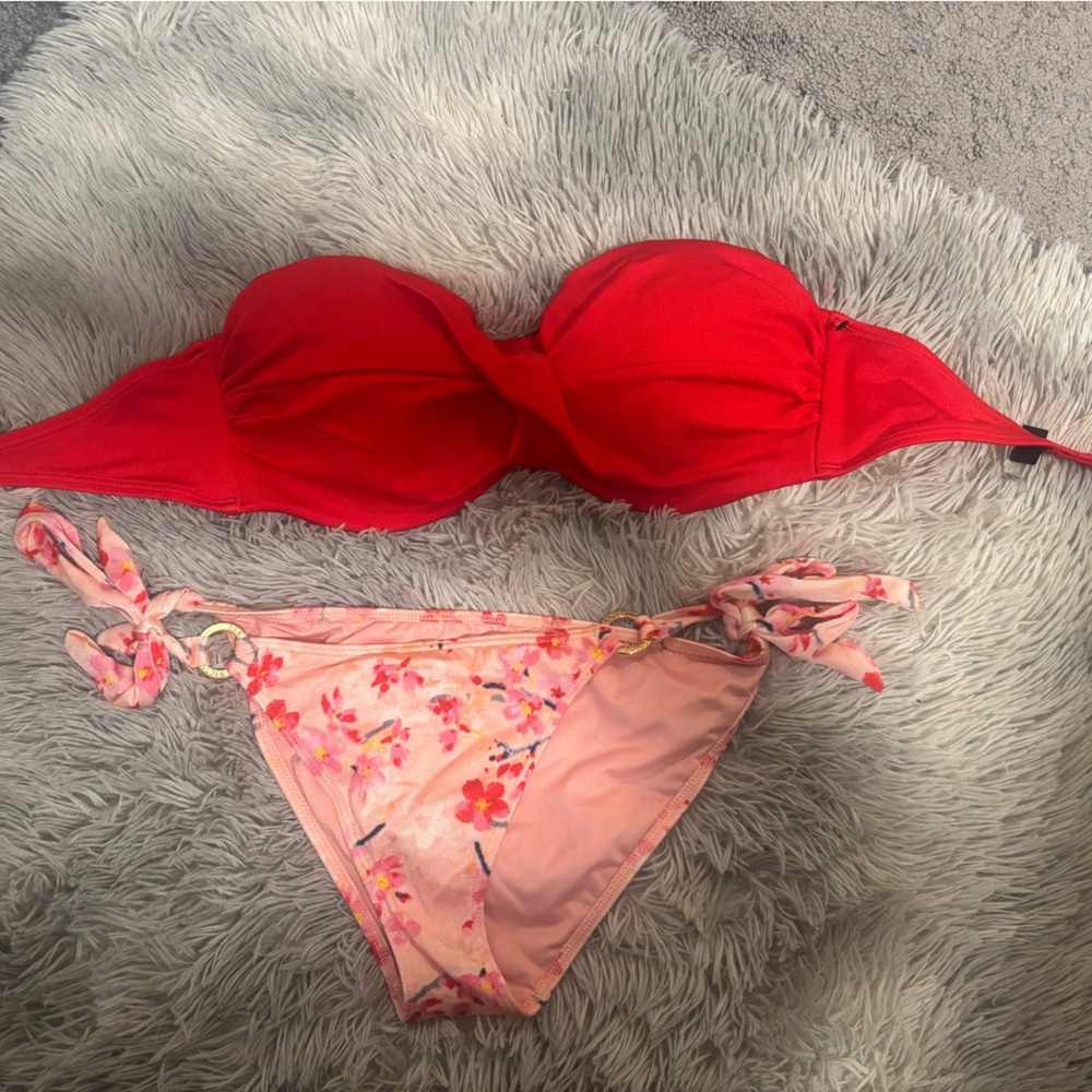 NWOT Victoria Secret Swimsuit Pink Floral & Red Bikini Top Duo